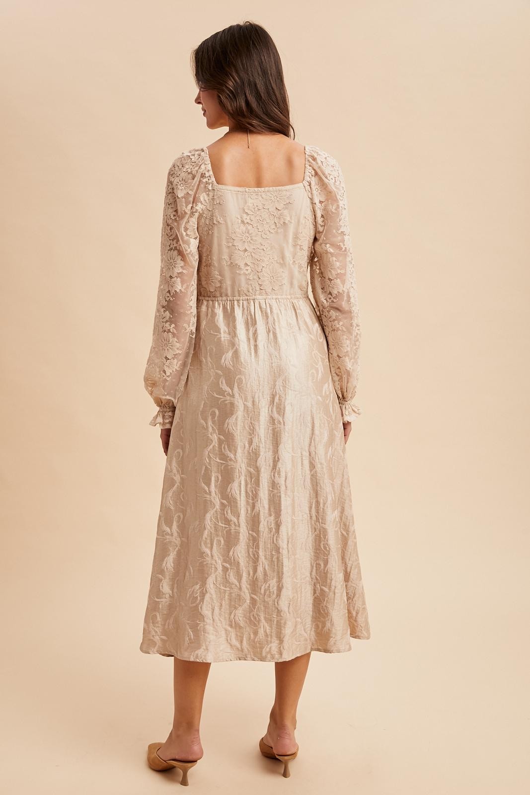 Cream Lace Jacquard Long Sleeve Midi Dress