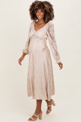 Cream Lace Jacquard Long Sleeve Maternity Midi Dress