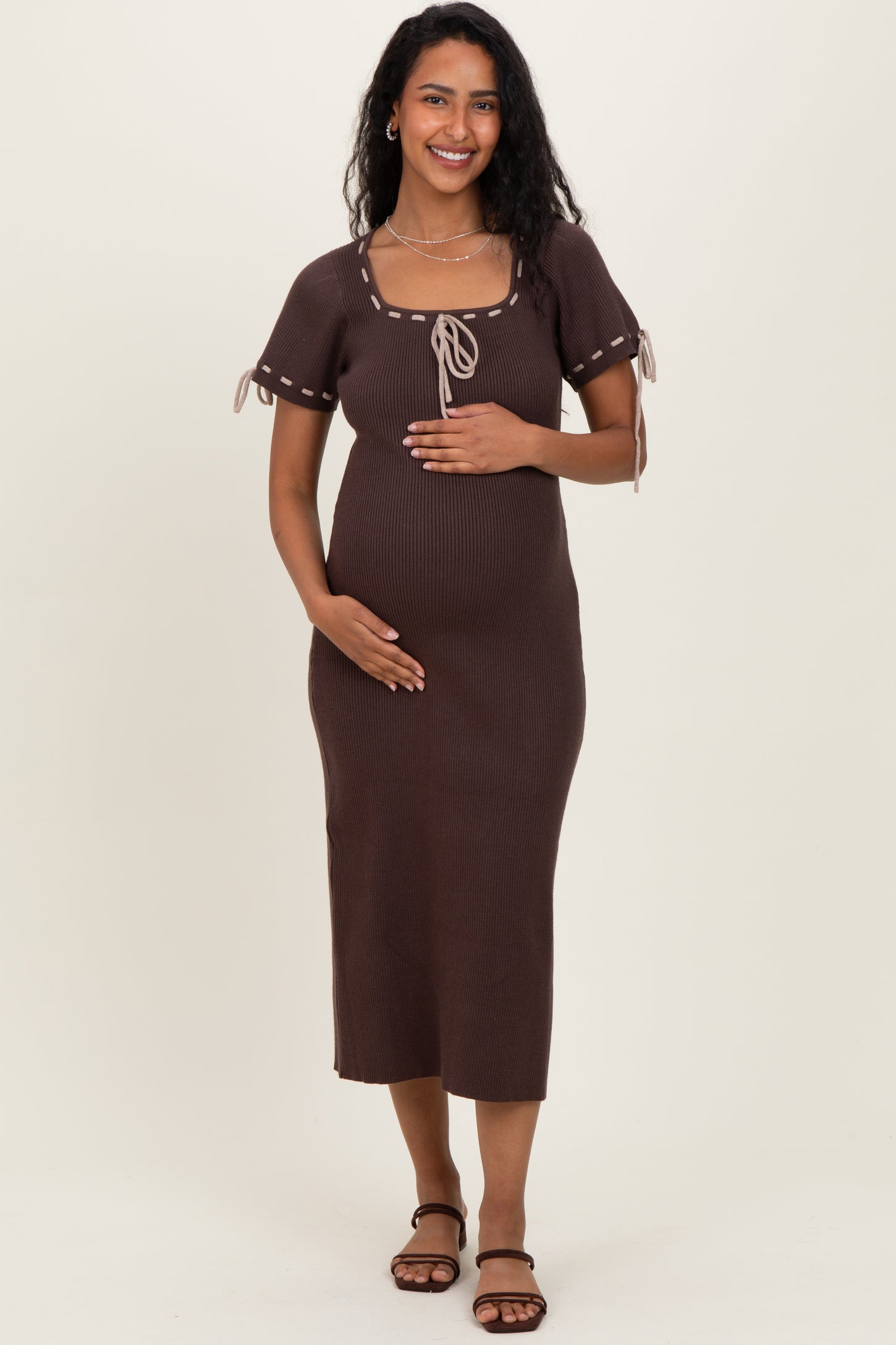 Brown Ribbed Knit Stitch Detail Maternity Midi Dress