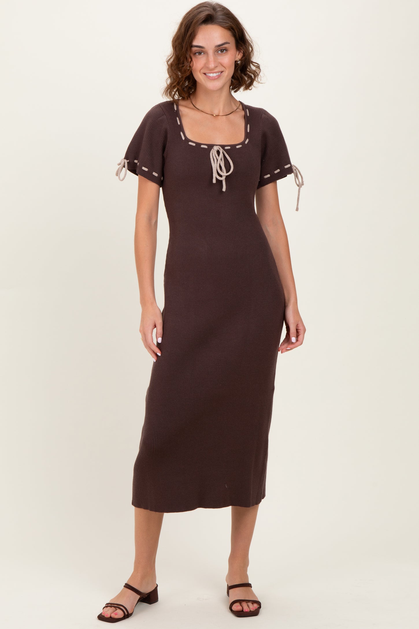 Brown Ribbed Knit Stitch Detail Midi Dress