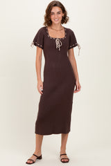 Brown Ribbed Knit Stitch Detail Midi Dress