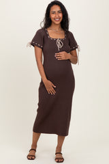 Brown Ribbed Knit Stitch Detail Maternity Midi Dress