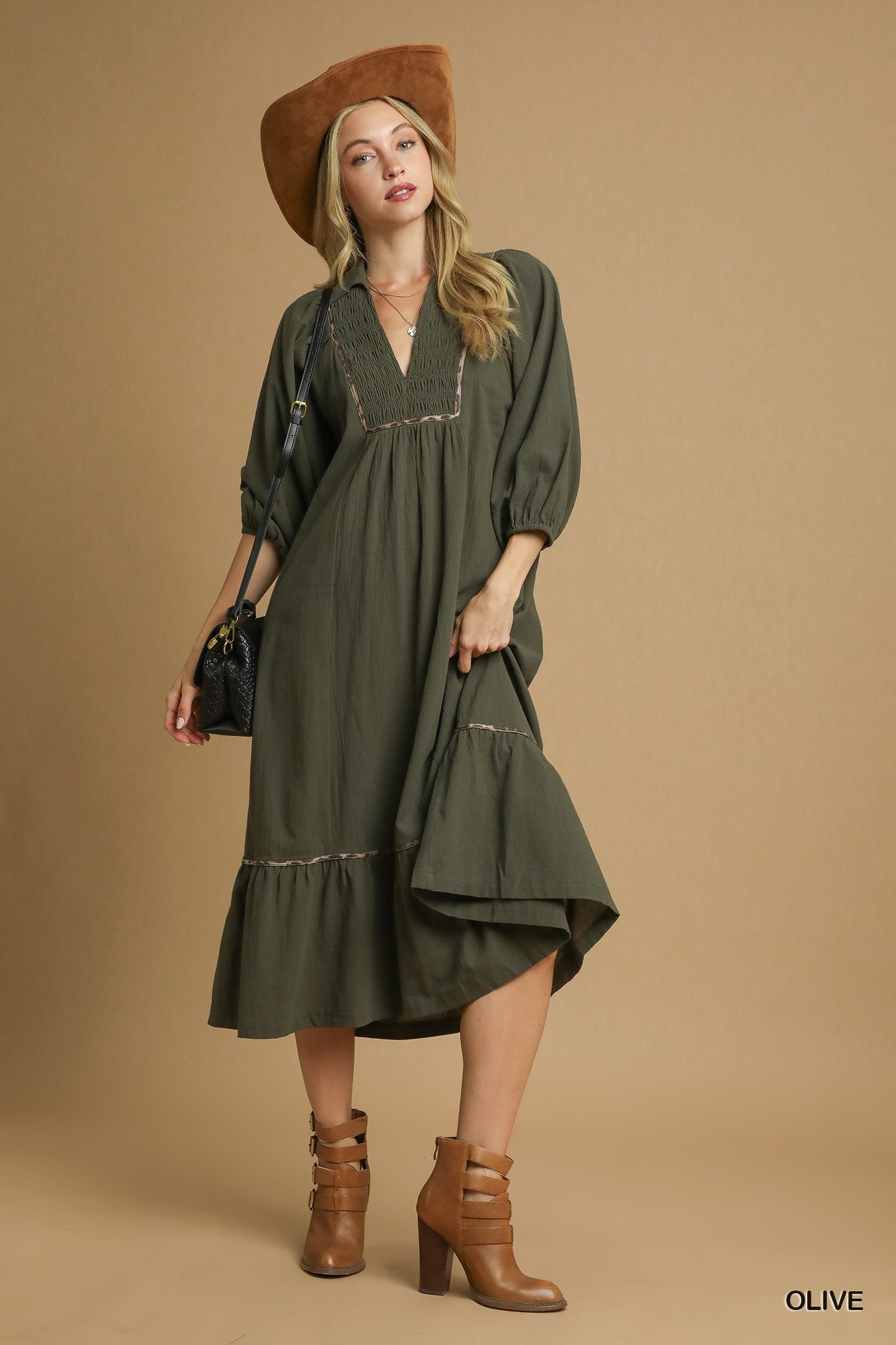 Olive V-Neck Contrast Trim 3/4 Sleeve Maternity Midi Dress