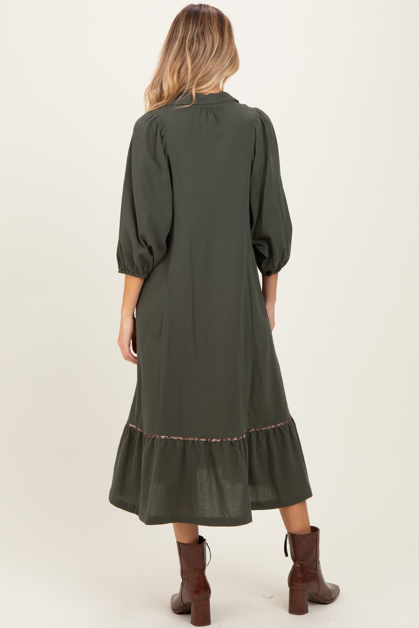 Olive V-Neck Contrast Trim 3/4 Sleeve Maternity Midi Dress