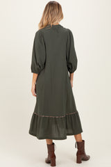 Olive V-Neck Contrast Trim 3/4 Sleeve Maternity Midi Dress