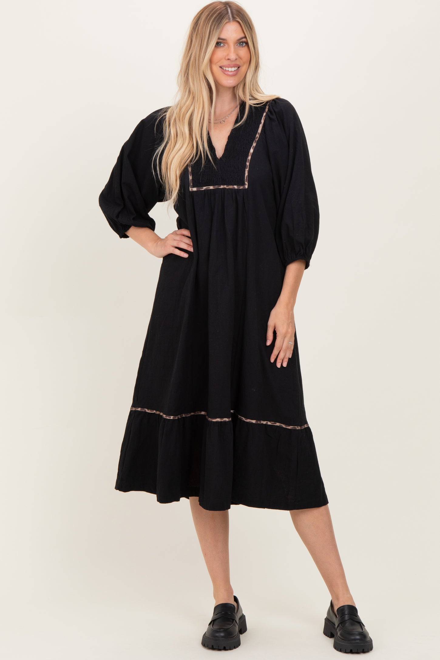 Black V-Neck Contrast Trim 3/4 Sleeve Maternity Midi Dress