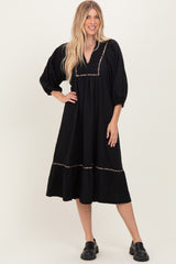 Black V-Neck Contrast Trim 3/4 Sleeve Midi Dress