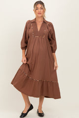 Brown V-Neck Contrast Trim 3/4 Sleeve Maternity Midi Dress