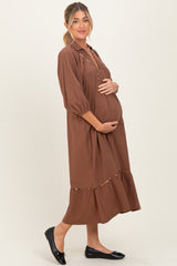 Brown V-Neck Contrast Trim 3/4 Sleeve Maternity Midi Dress