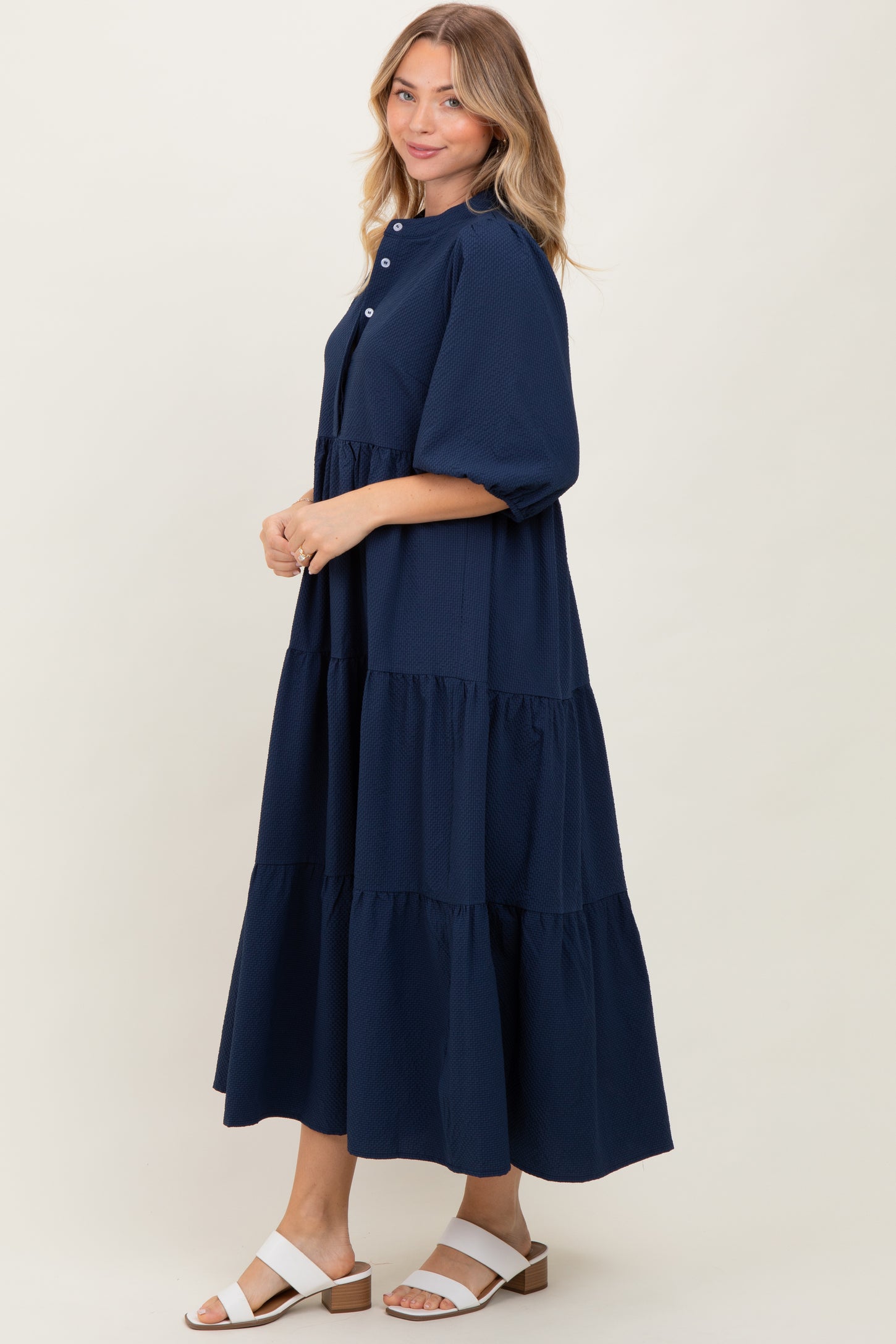 Navy Textured Tiered Puff Sleeve Midi Dress