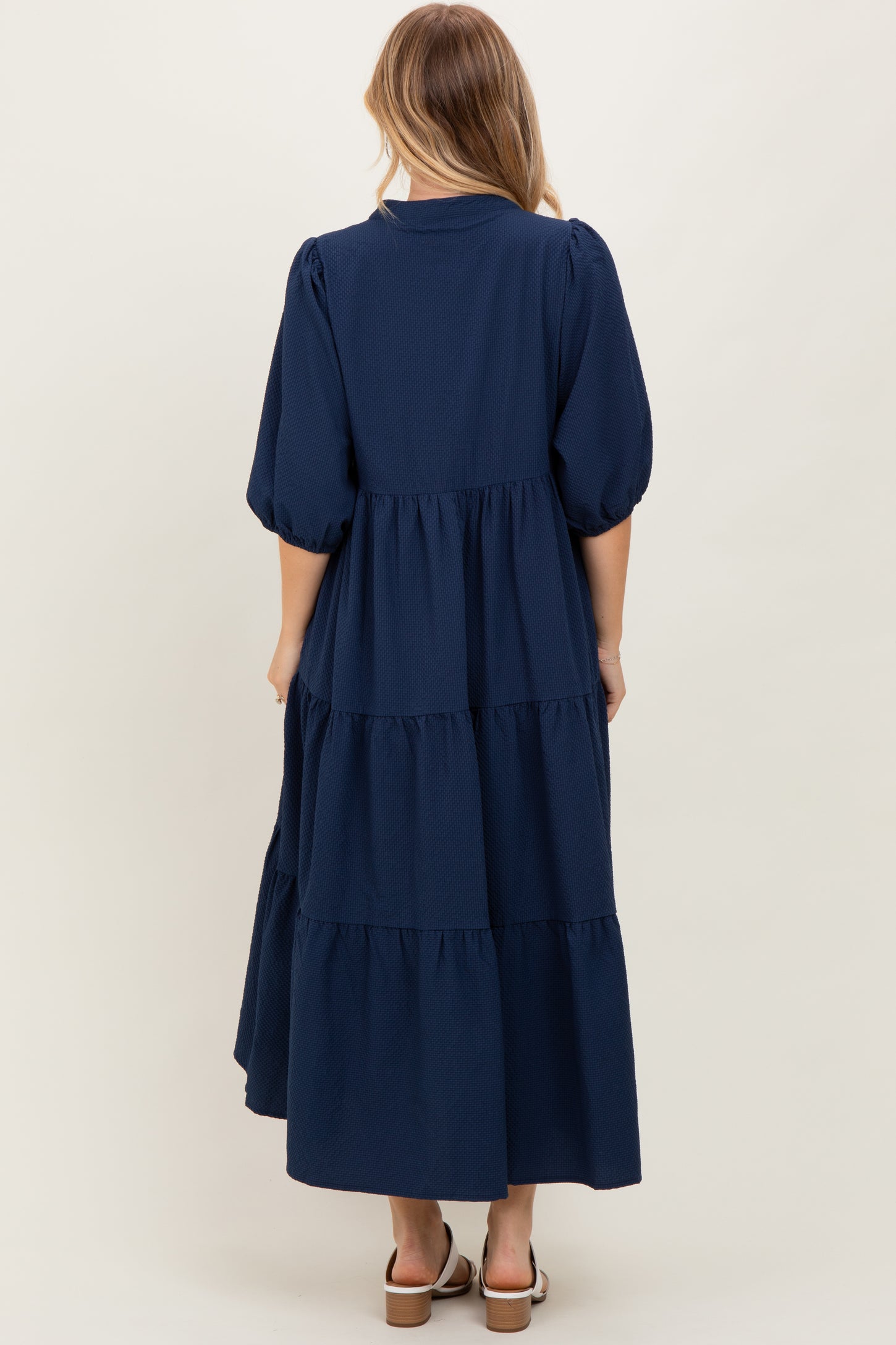 Navy Textured Tiered Puff Sleeve Midi Dress