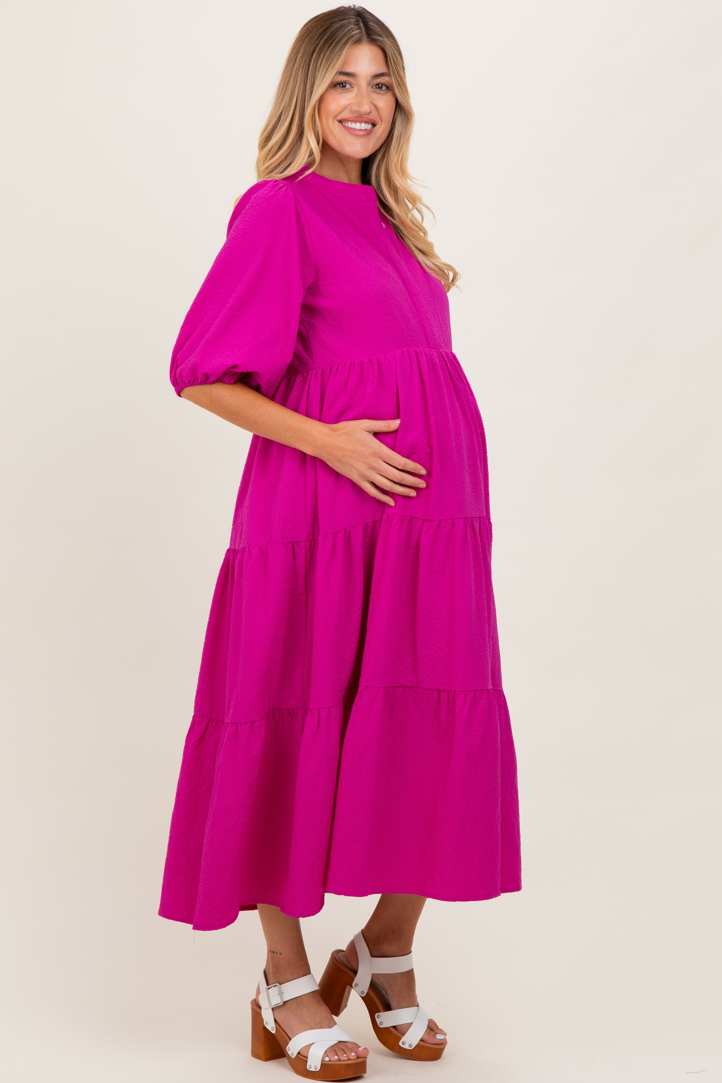 Fuchsia Textured Tiered Puff Sleeve Maternity Midi Dress