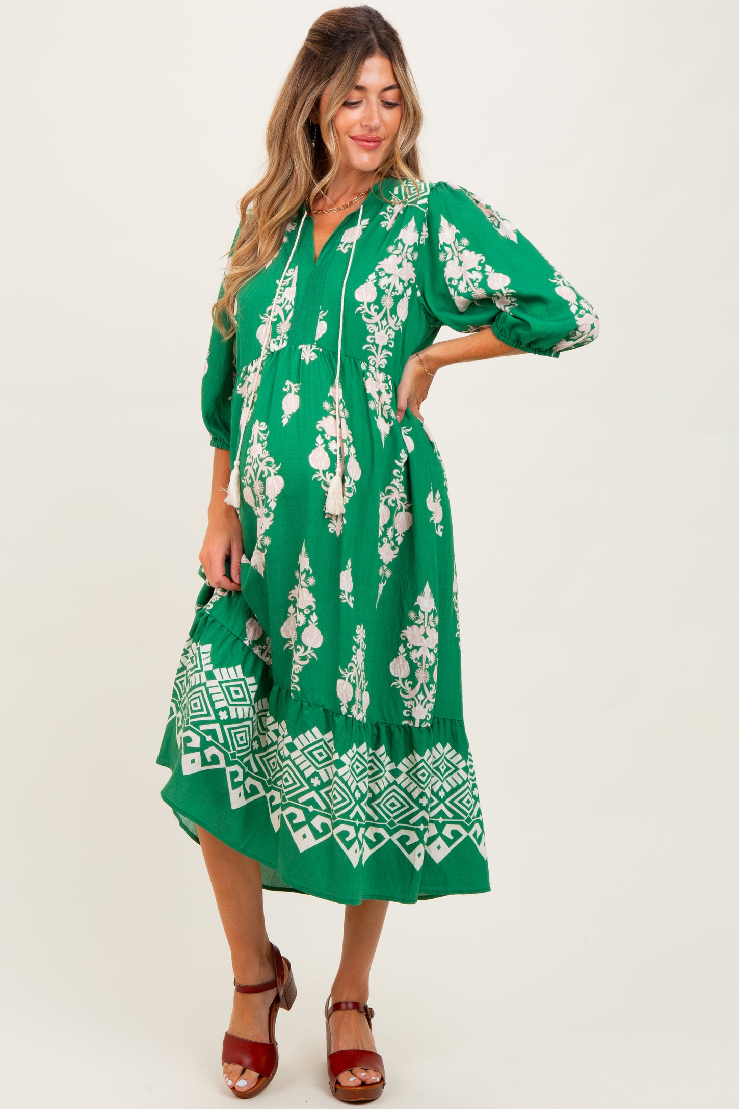 Green Damask Tassel Front Tie Tiered Maternity Midi Dress