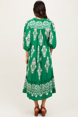 Green Damask Tassel Front Tie Tiered Midi Dress