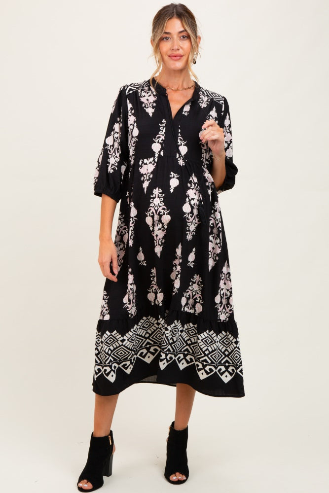Black Damask Tassel Front Tie Tiered Maternity Midi Dress