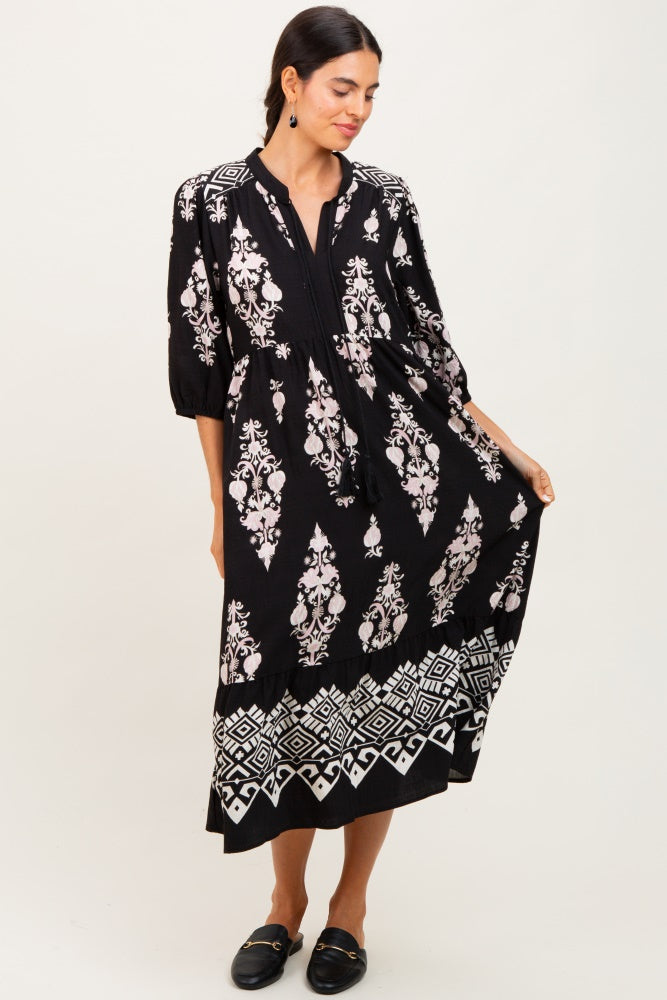 Black Damask Tassel Front Tie Tiered Maternity Midi Dress