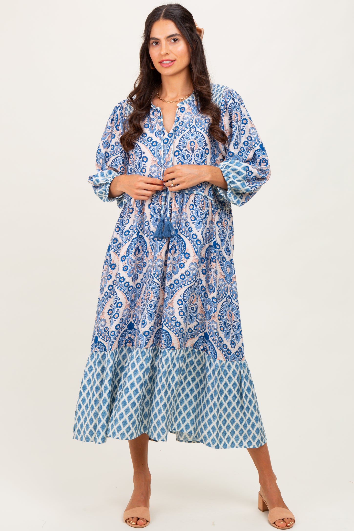 Blue Damask Tassel Front Tie 3/4 Sleeve Midi Dress
