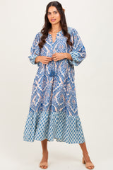 Blue Damask Tassel Front Tie 3/4 Sleeve Midi Dress