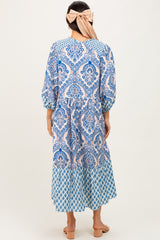 Blue Damask Tassel Front Tie 3/4 Sleeve Midi Dress