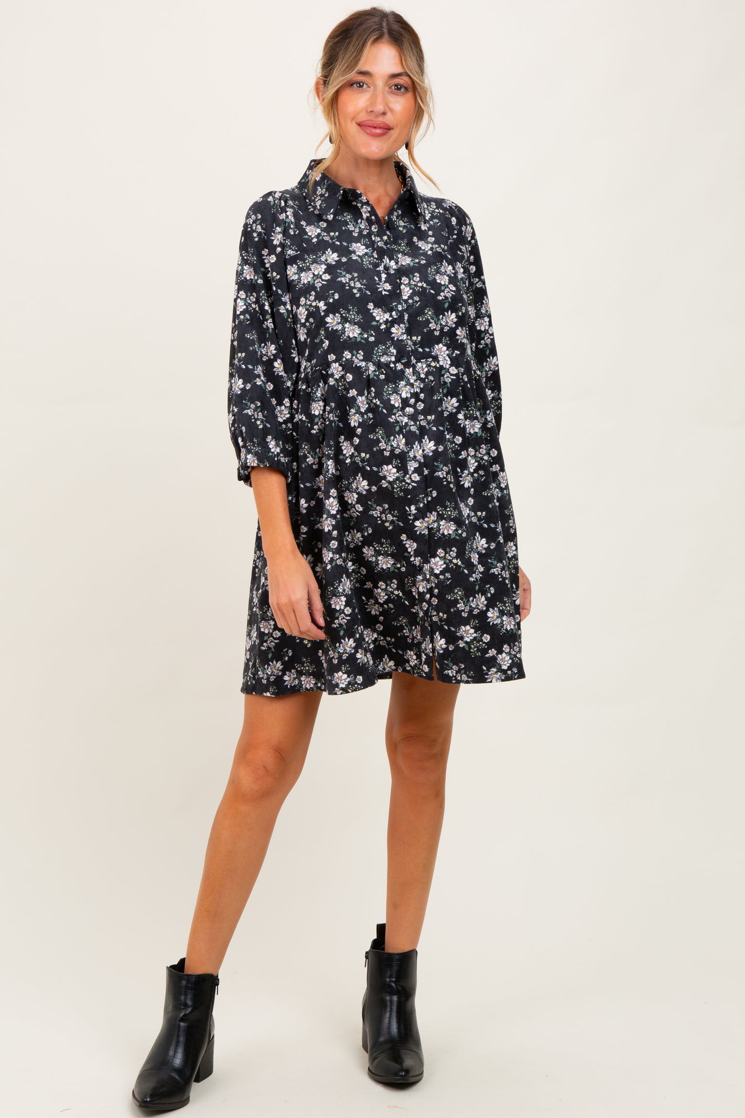 Black Floral Corduroy Button Down Maternity Shirt Dress