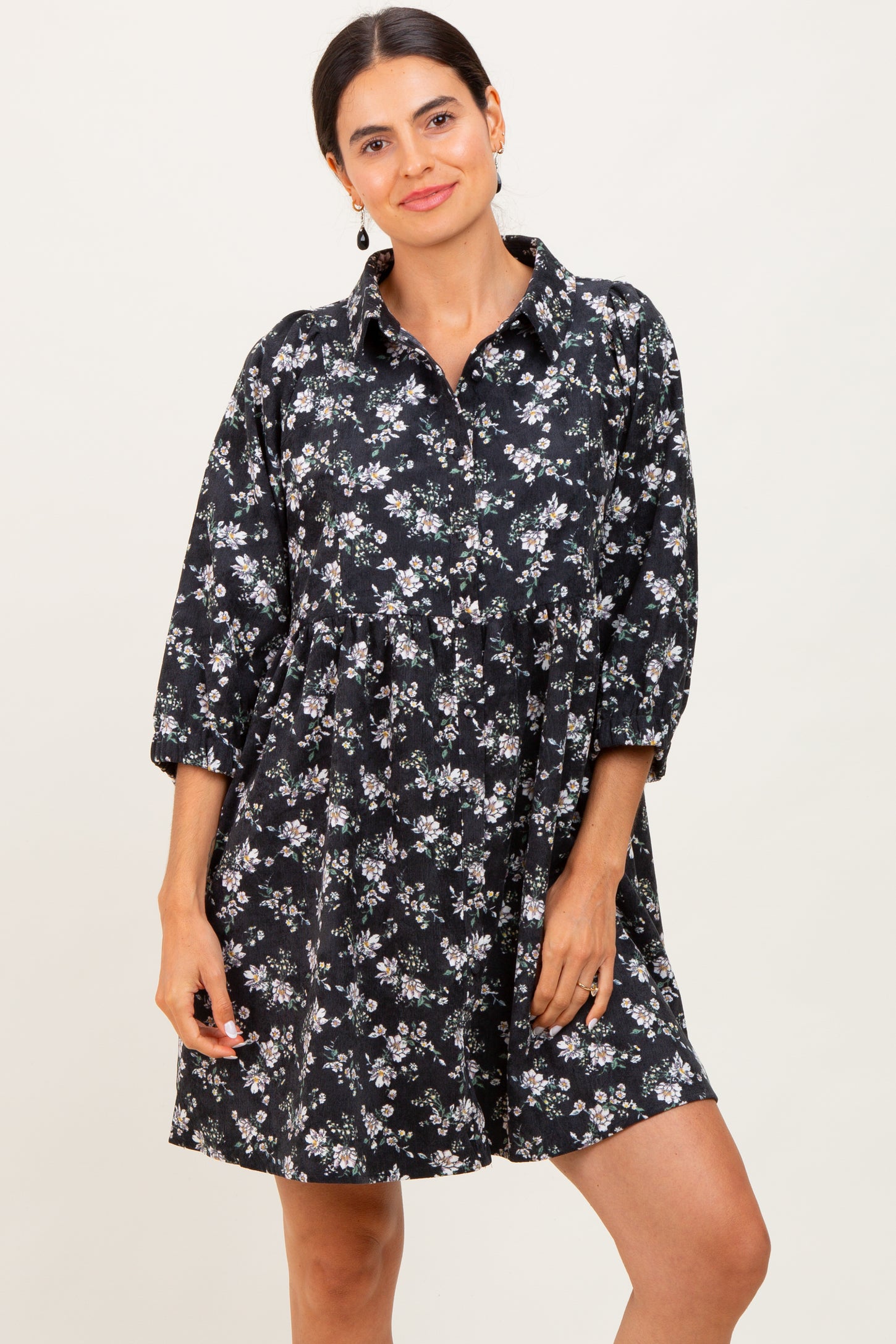 Black Floral Corduroy Button Down Maternity Shirt Dress