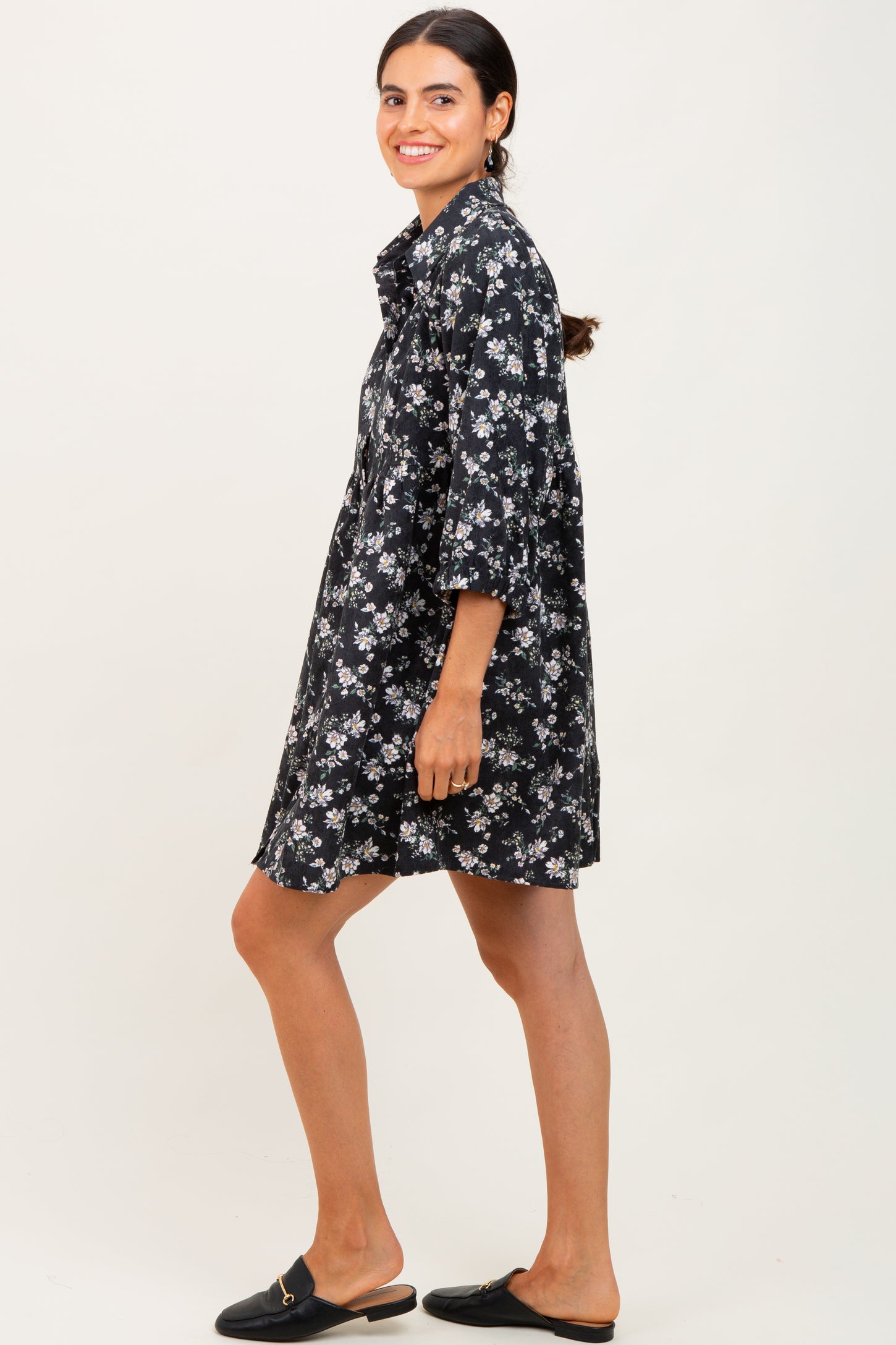 Black Floral Corduroy Button Down Shirt Dress