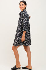 Black Floral Corduroy Button Down Shirt Dress