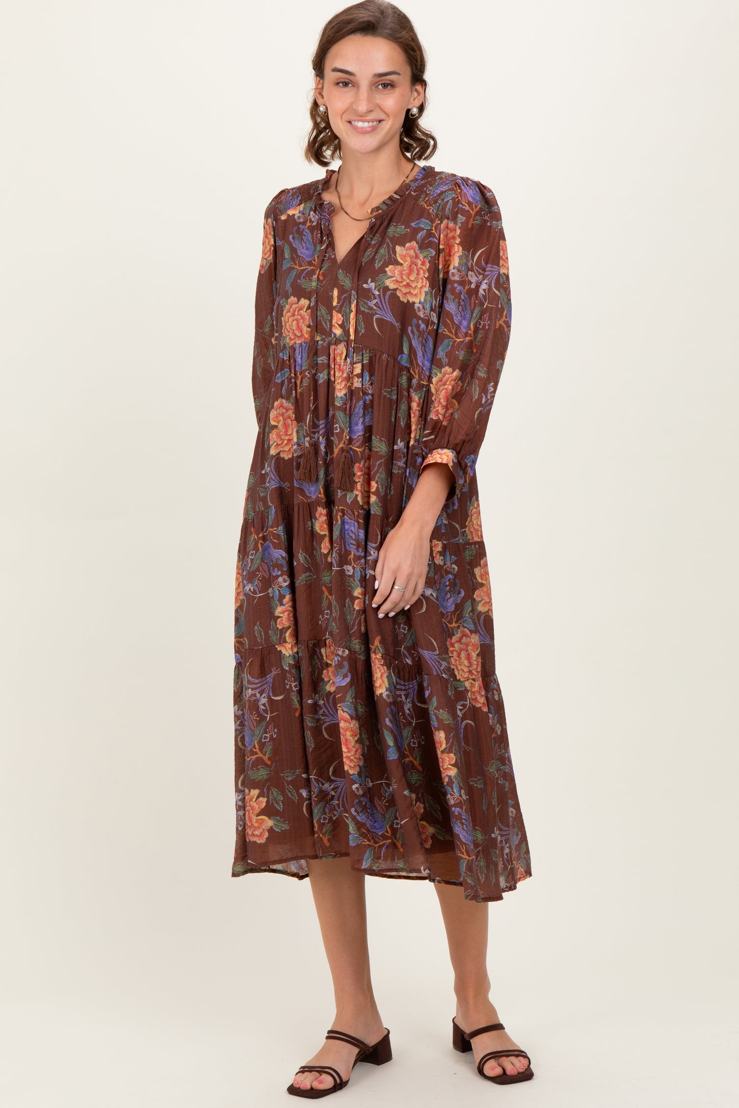 Brown Floral Front Tie Tiered Midi Dress