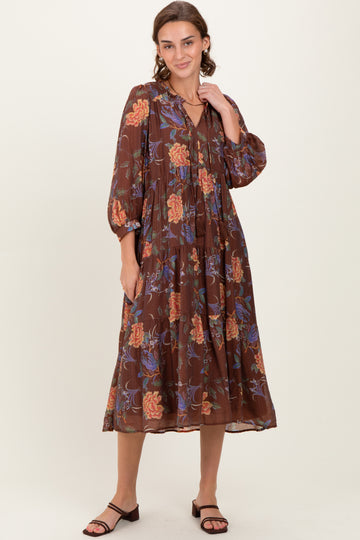 Brown Floral Front Tie Tiered Midi Dress