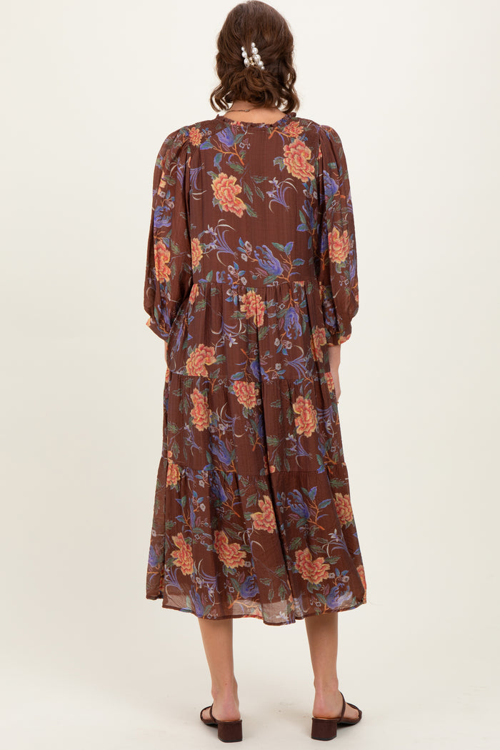 woman wearing a brown floral maxi dress with balloon sleeves, shown from the back
