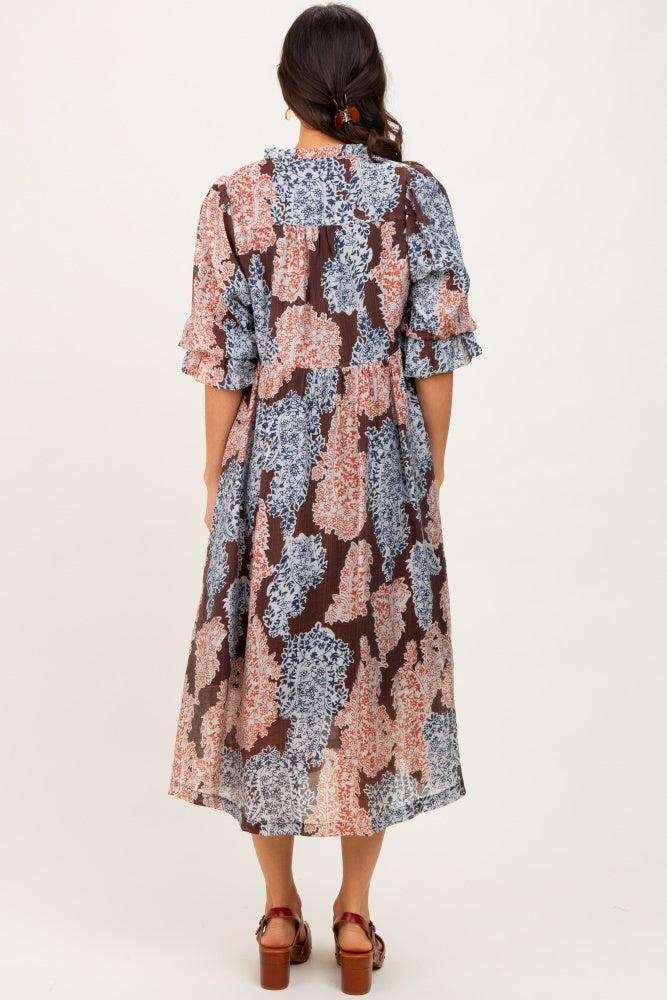 Brown Floral Chiffon Front Tie Midi Dress