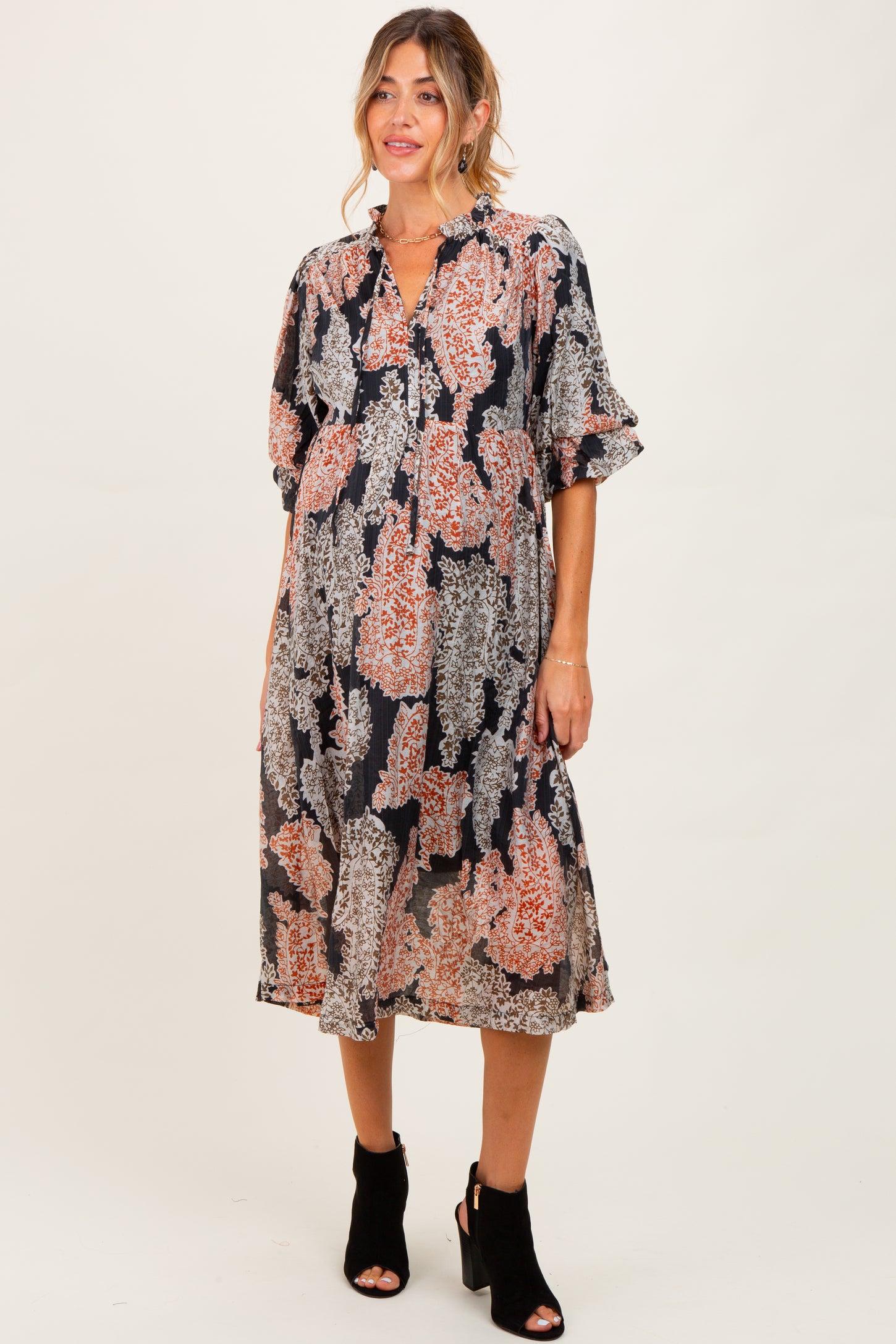 Black Floral Chiffon Front Tie Maternity Midi Dress