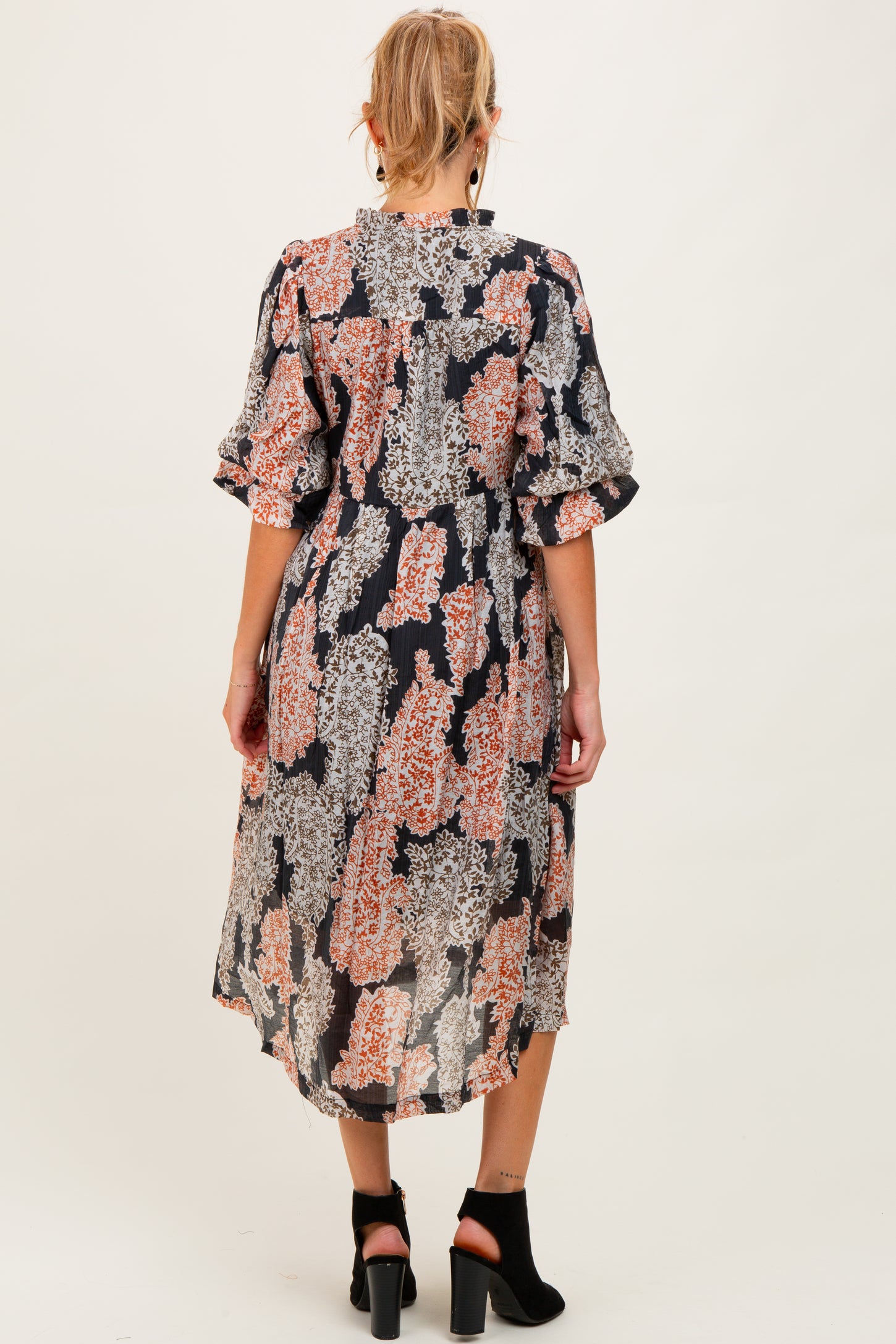 Black Floral Chiffon Front Tie Maternity Midi Dress