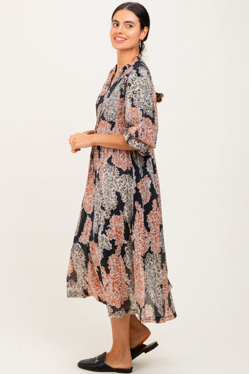 Black Floral Chiffon Front Tie Midi Dress