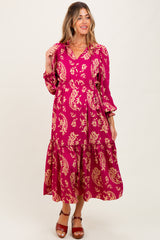 Magenta Damask Front Tie Smocked Waist Maternity Midi Dress