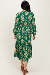 Green Damask Front Tie Smocked Waist Midi Dress