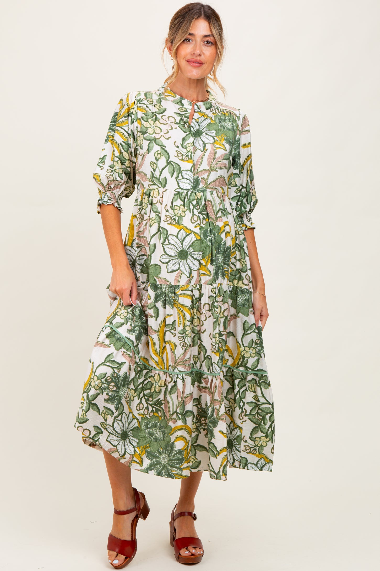 Green Floral Tiered Short Sleeve Maternity Midi Dress