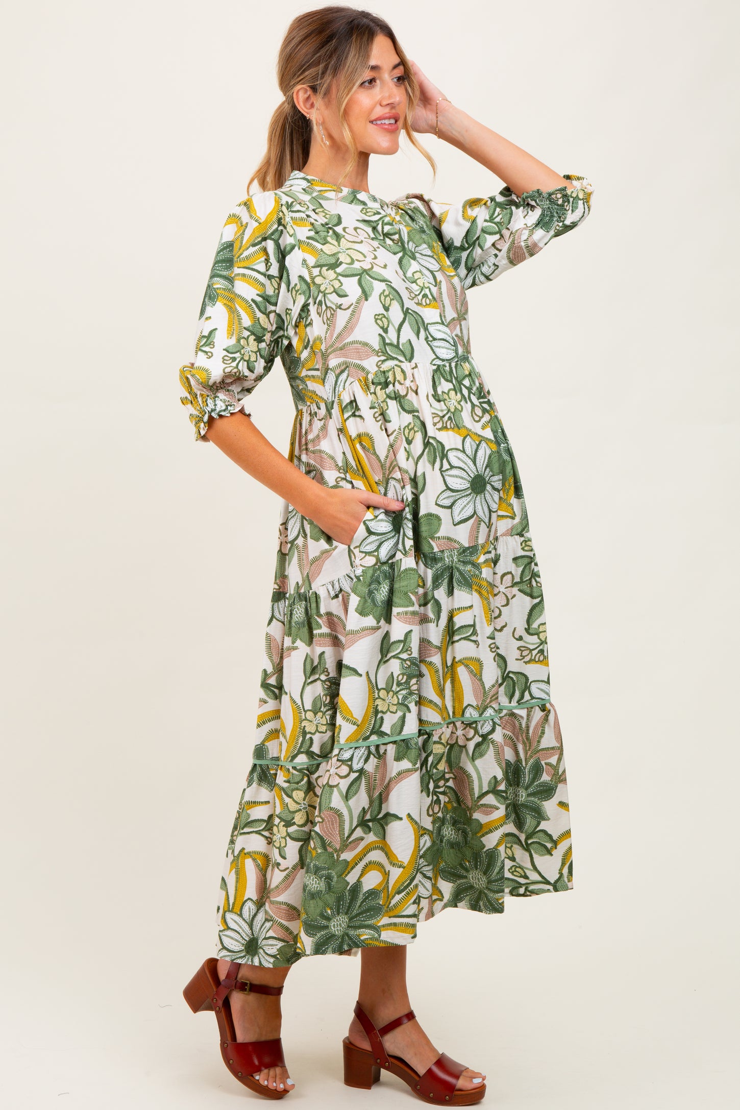 Green Floral Tiered Short Sleeve Maternity Midi Dress
