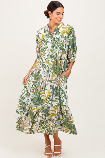 Green Floral Tiered Short Sleeve Midi Dress