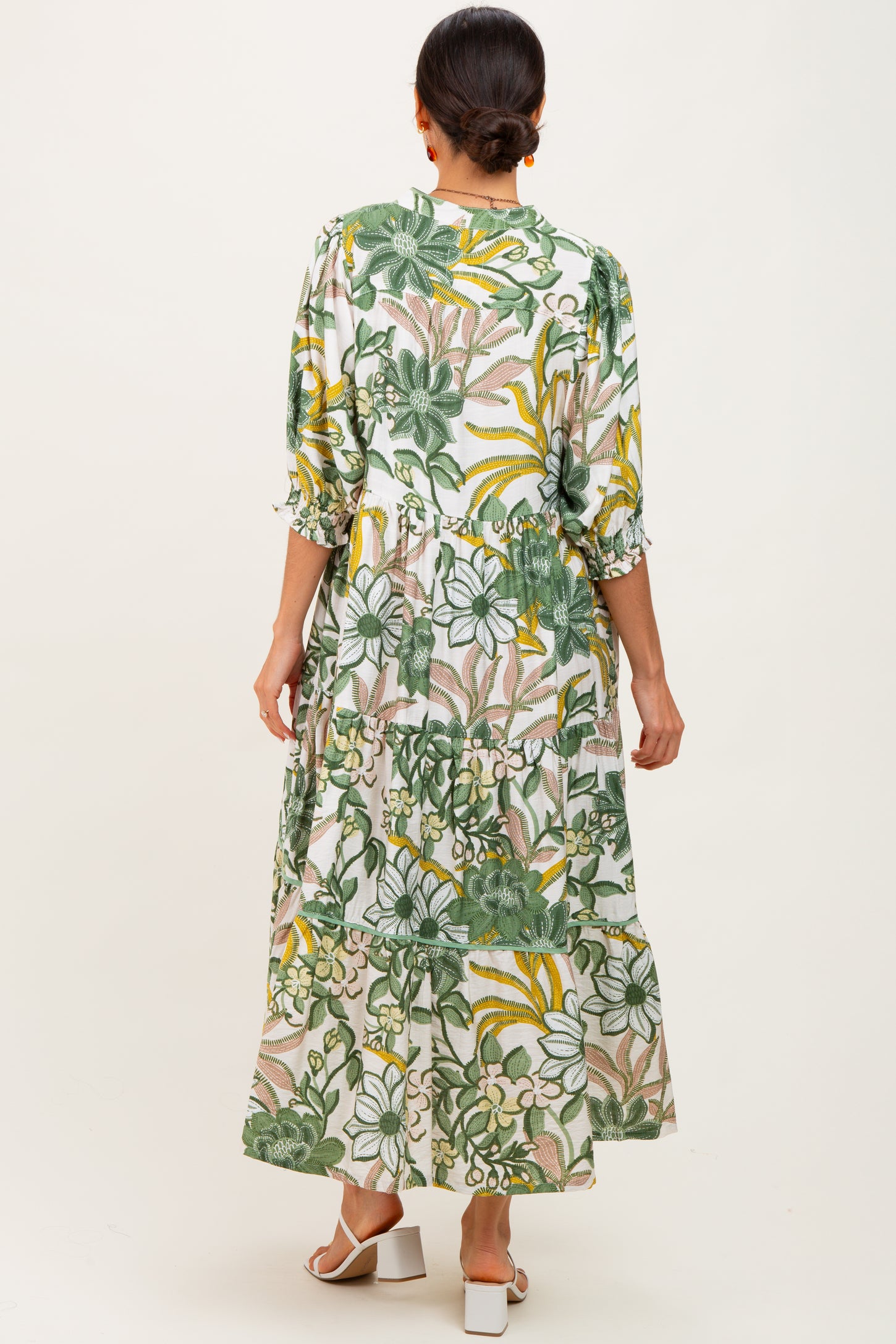 Green Floral Tiered Short Sleeve Midi Dress