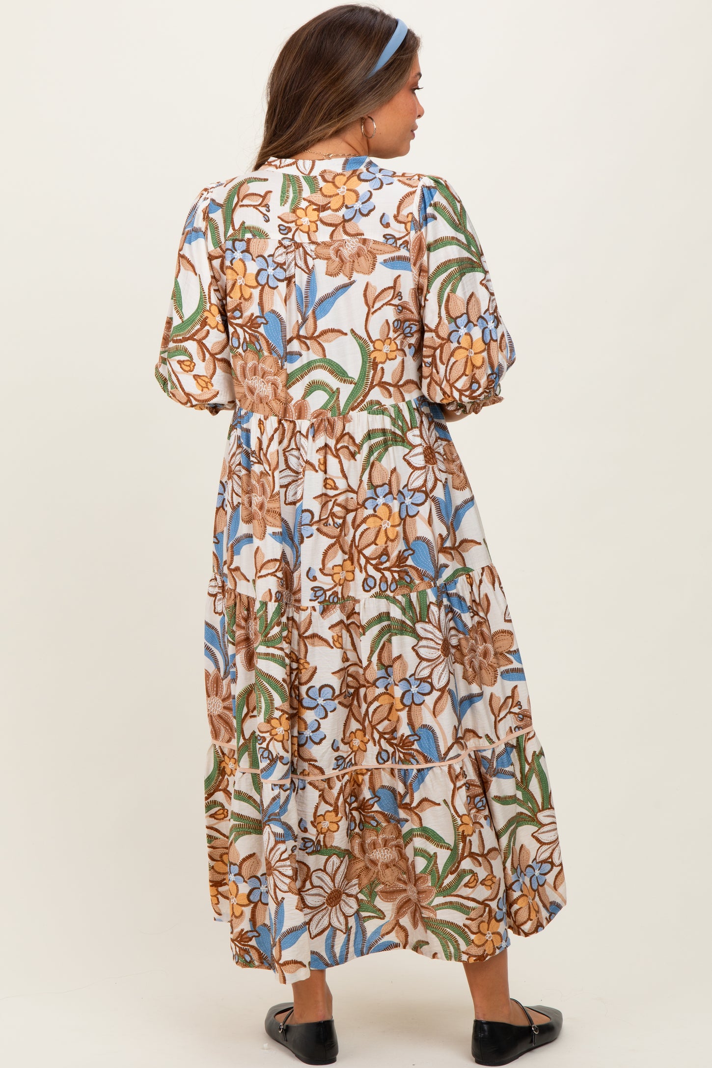 Beige Floral Tiered Short Sleeve Maternity Midi Dress