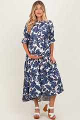 Navy Leaf Print Tiered Maternity Midi Dress