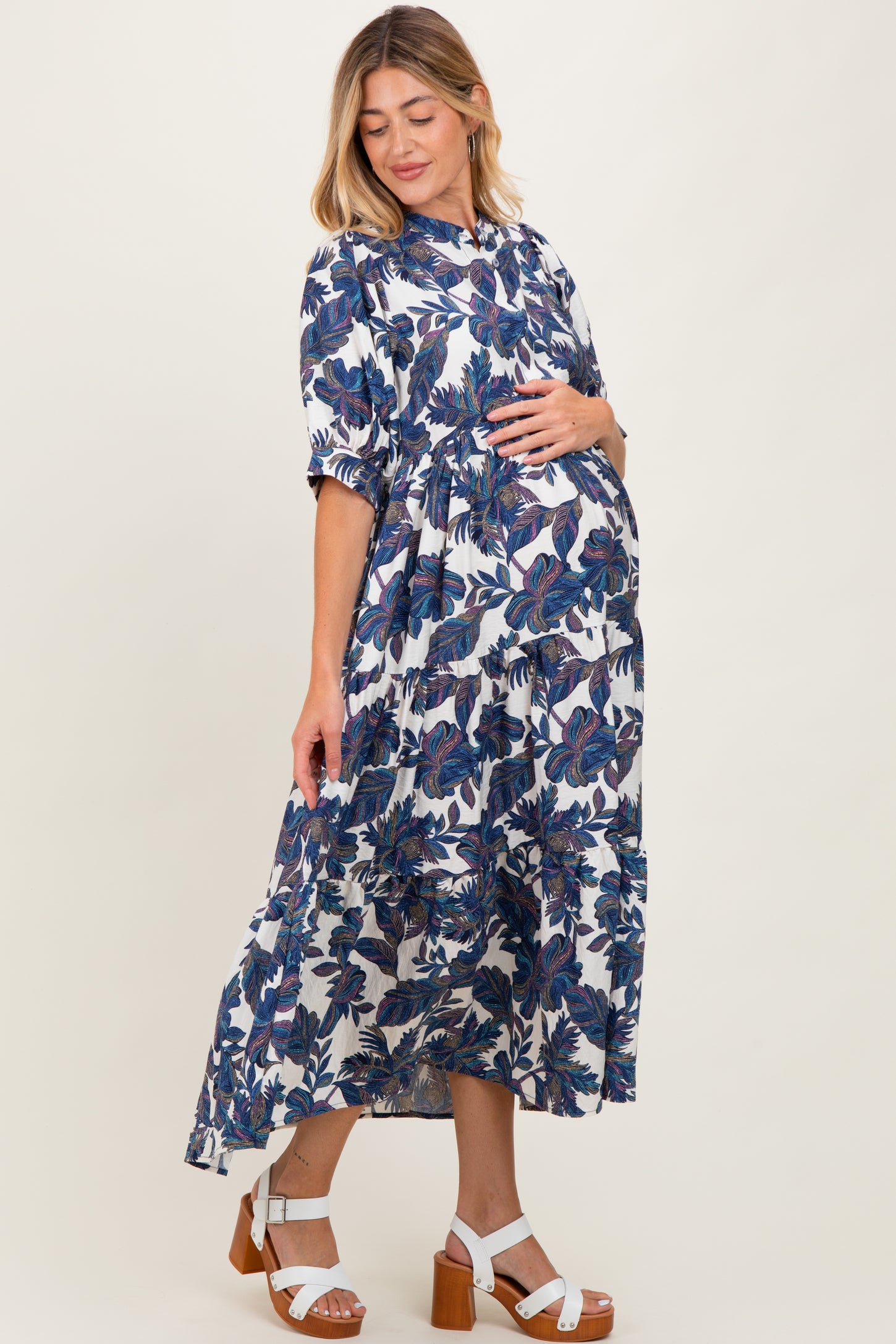 Navy Leaf Print Tiered Maternity Midi Dress