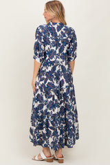 Navy Leaf Print Tiered Midi Dress