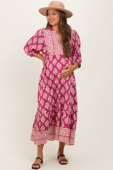 Pink Floral Contrast Print 3/4 Sleeve Maternity Midi Dress