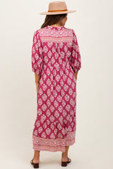 Pink Floral Contrast Print 3/4 Sleeve Maternity Midi Dress