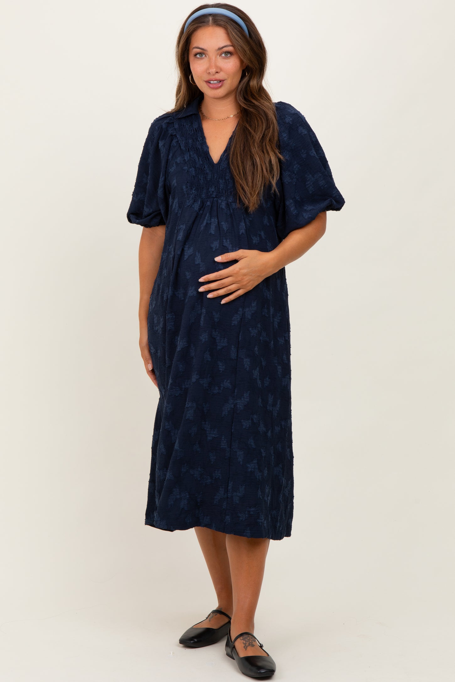 Navy Jacquard Texture V-Neck Maternity Midi Dress