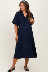 Navy Jacquard Texture V-Neck Maternity Midi Dress