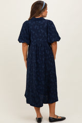 Navy Jacquard Texture V-Neck Maternity Midi Dress