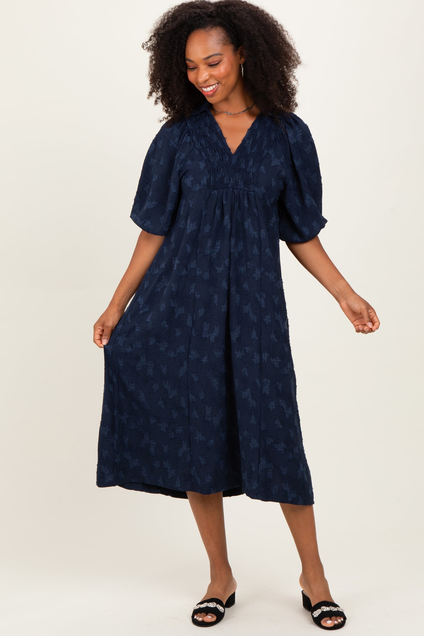 Navy Jacquard Texture V-Neck Maternity Midi Dress